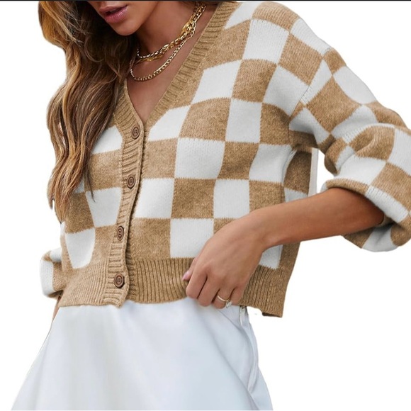Dokotoo Womens Sweater Cardigan Cropped Casual Checkered Long Sleeve M - Picture 1 of 9
